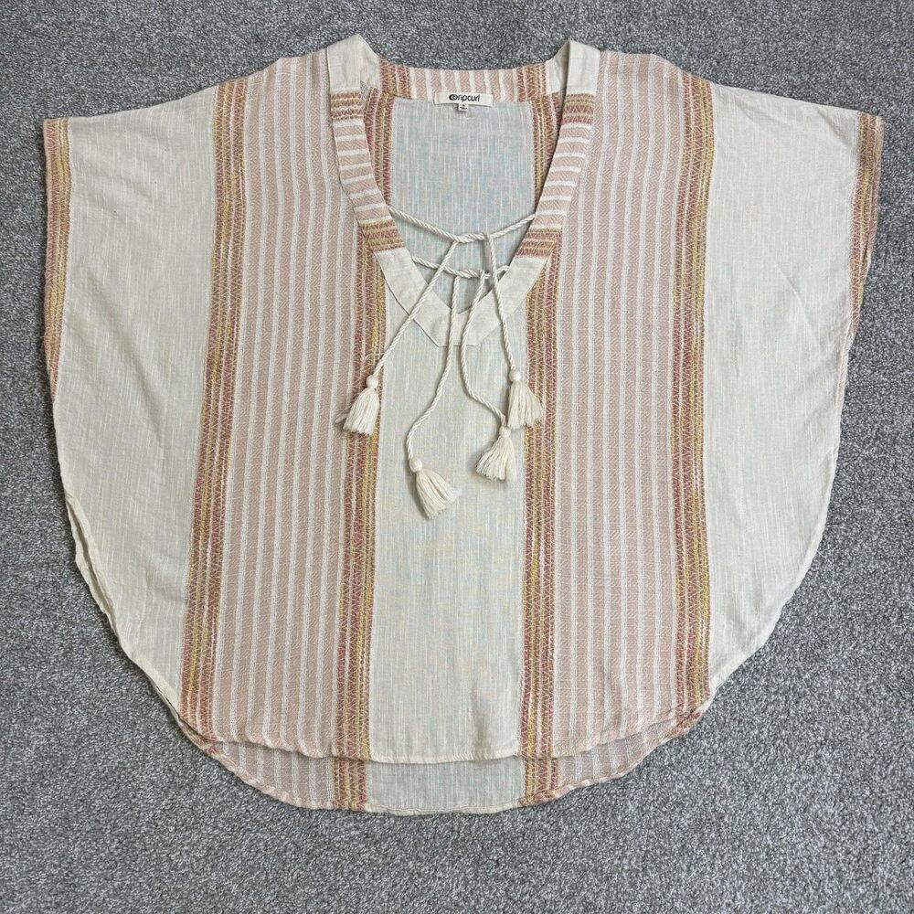 Rip Curl Blouse Womens Small Multicolor Stripe Tassel Tunic Boho Beachy Surfer